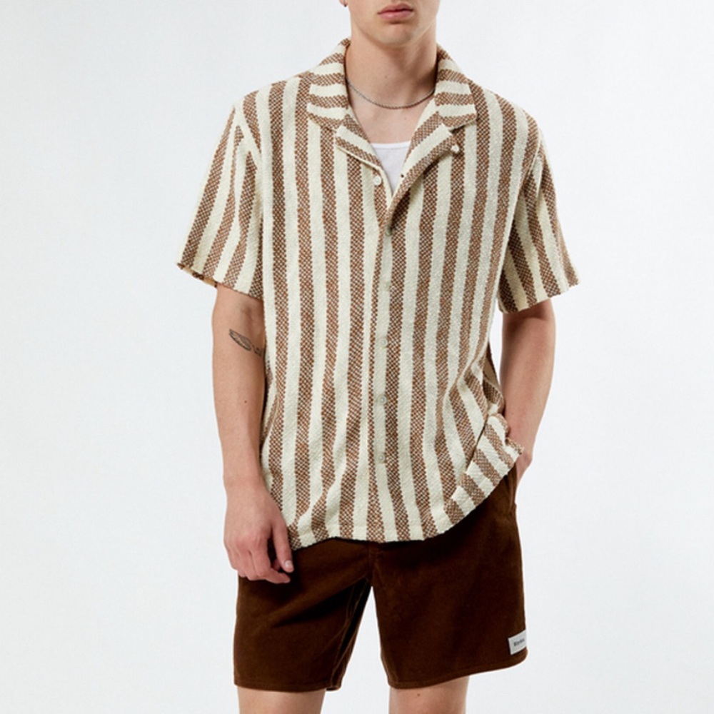 New PacSun Textured Stripe Camp Shirt button down Brown White large